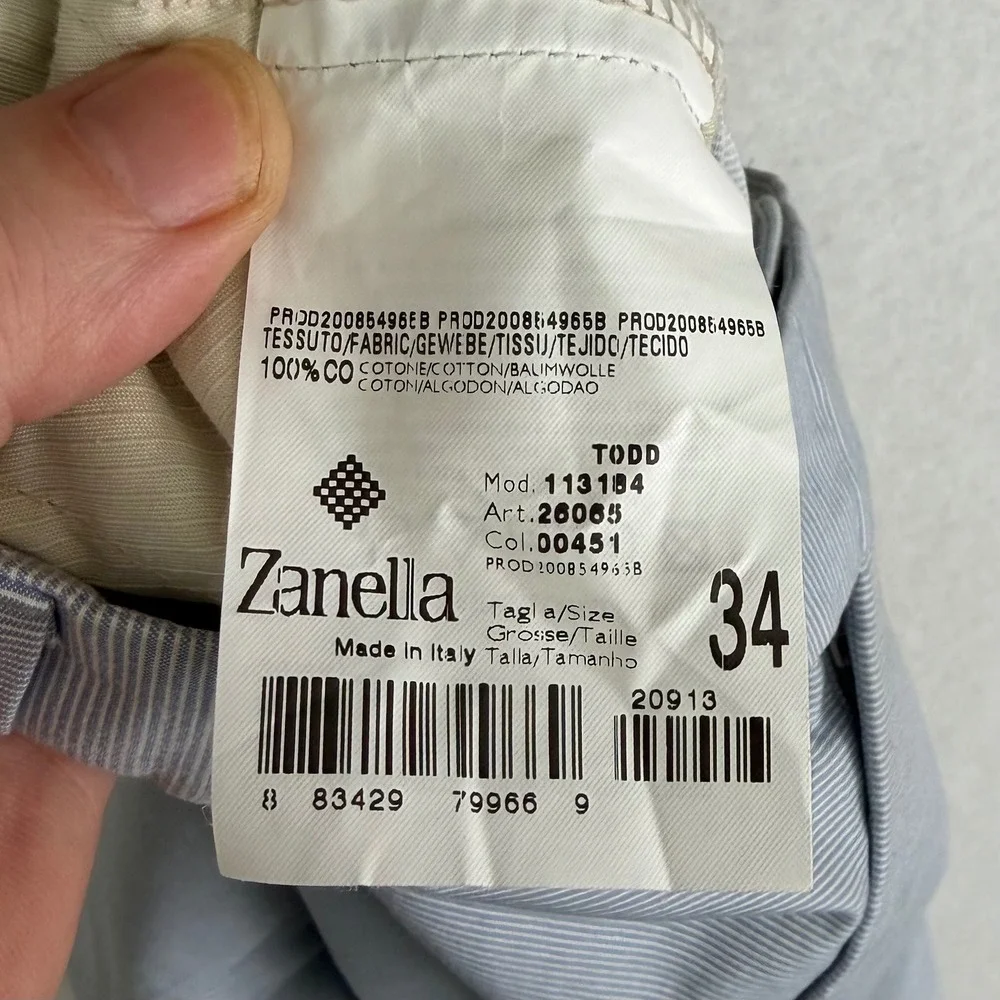 Zanella Todd Pants Mens 34/30 Blue White Micro Stripe Cotton Trousers Italy